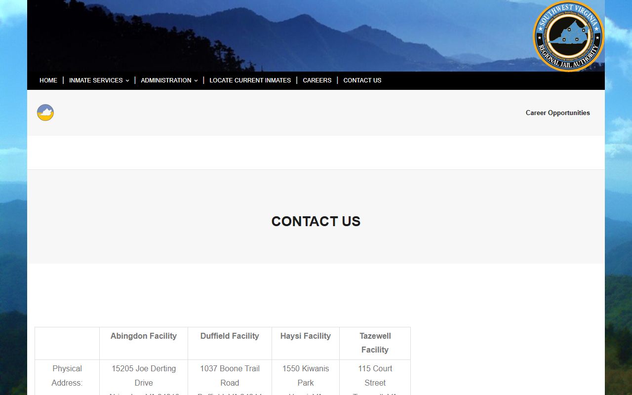 Southwest Virginia Regional Jail Authority - Haysi Facility contact table for Buchanan County inmate records