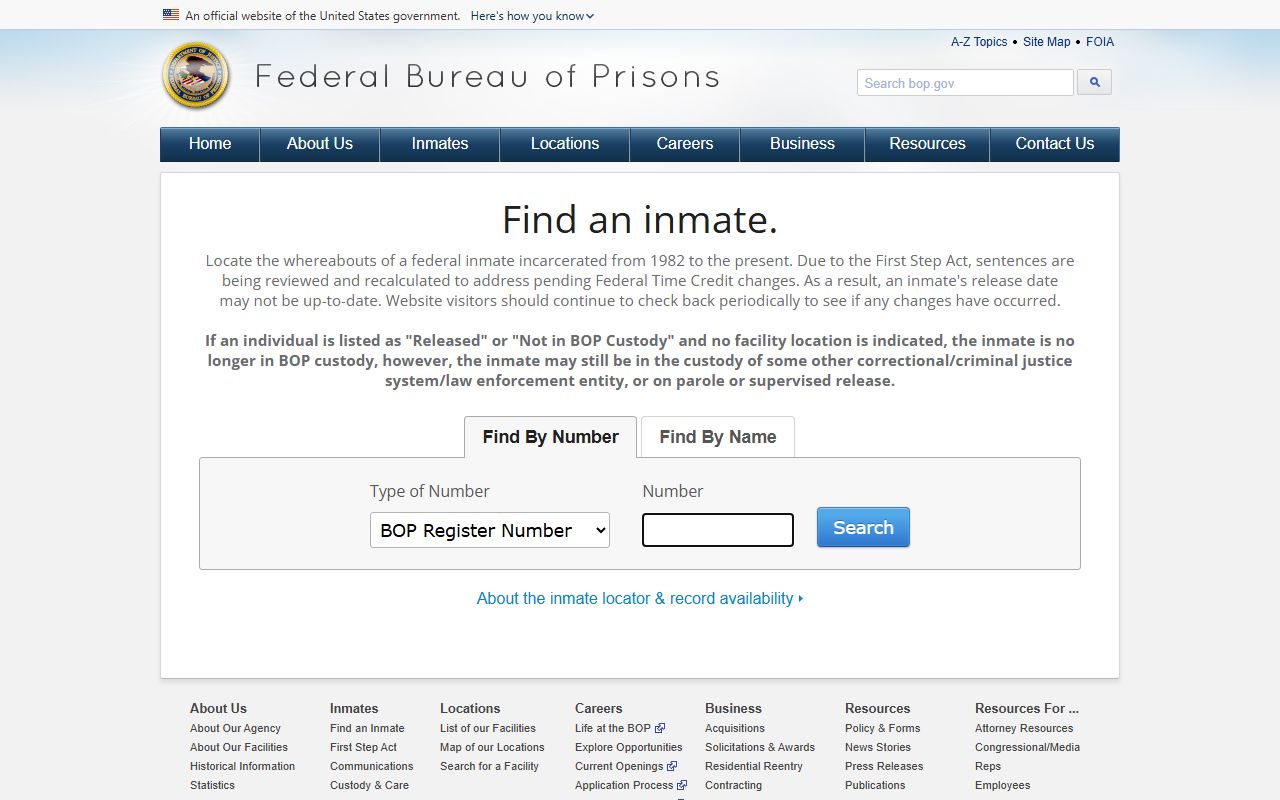 BOP federal inmate locator entry page
