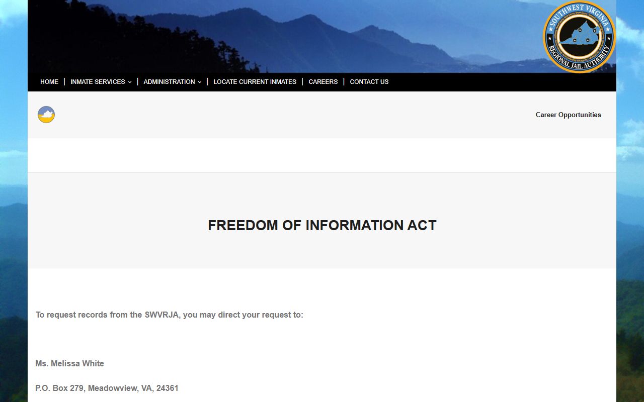 SWVRJA FOIA contact page for regional jail records requests