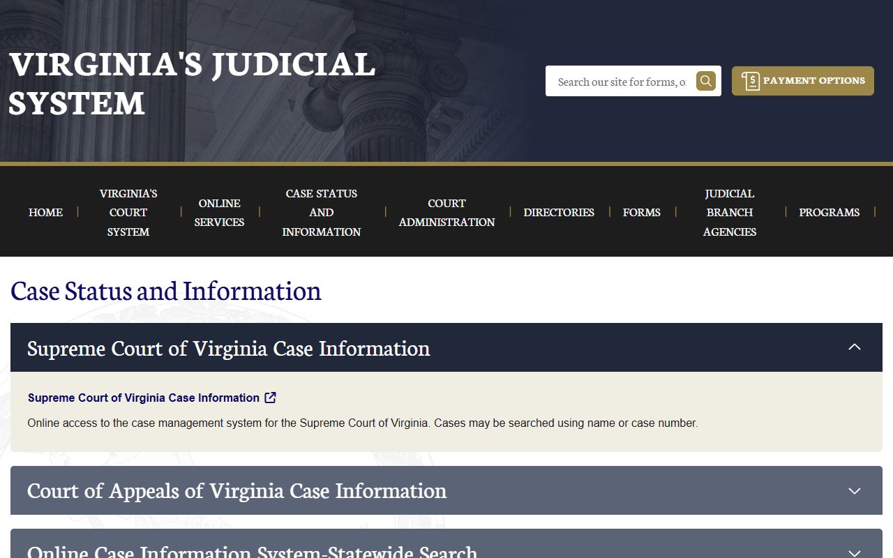 Virginia court case information hub listing court case systems